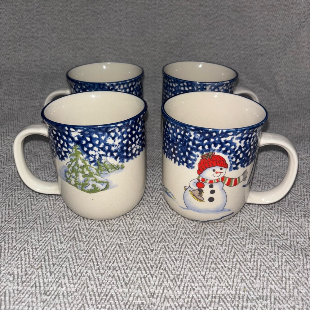 Thomson Pottery Snowman vintage coffee mugs winter Christmas trees - set of 4